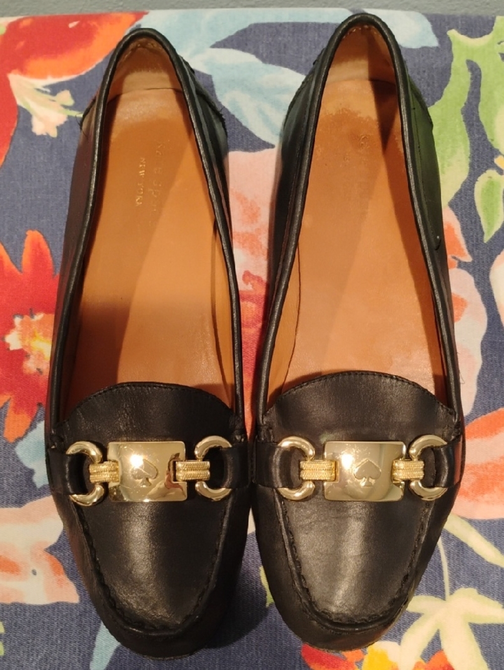 Kate Spade Black Leather Loafers with Gold Bit Hardware